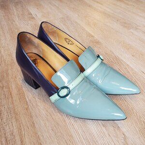 Fluevog Gigi Green + Purple Loafer Heels
